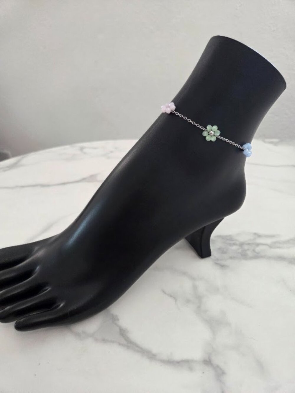 Dainty Pastel Flower Anklet Silver Tone Pink Blue Green Floral Ankle Bracelet - Picture 4 of 17